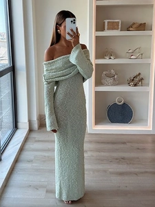 Elegant mint green off-shoulder long sleeve maxi dress with textured fabric detail