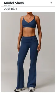 Detail of twilight blue high-waist yoga set with V-neck bra and flare yoga leggings