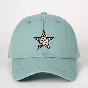 Mint green baseball cap featuring a leopard print star with black borders on the front