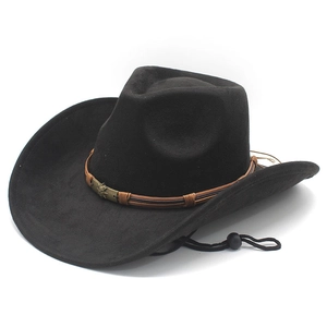 Black western cowboy hat with wide brim, suede texture and skull metal buckle detail