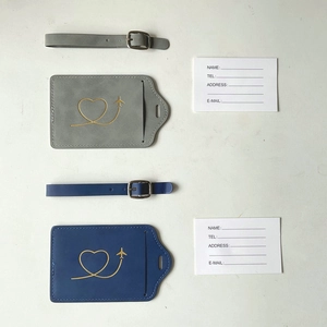 Thick PU leather luggage tags in grey and dark blue with gold plane heart patterns