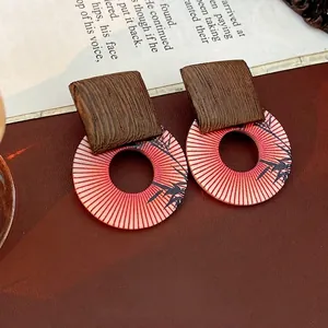 Geometric Wood Resin Drop Earrings With Silver Earring Post Bamboo Leaf Print Retro Ethnic Style Jewelry For Women