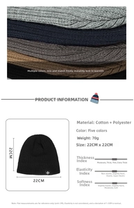 Vue détaillée de bonnets en tricot avec étiquette flocon, texture et dimensions