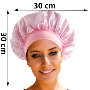 Pink satin sleep cap featuring a 30cm large diameter design and elastic hair care band