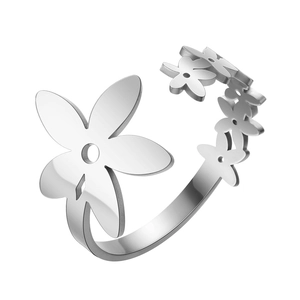 Polished silver floral open ring with adjustable hollow flowers in stainless steel
