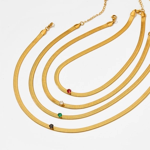 Gold plated snake bone chain necklace set with colorful zircon stones in various colors