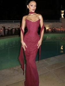 Elegant deep red satin tube top and long skirt set for glamorous evening parties