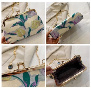 Detailed views of vintage jacquard floral bag with golden clasp and chain strap
