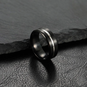 8mm two-tone matte black stainless steel ring with silver stripe and beveled edges