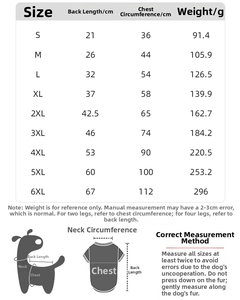 Detailed size guide for dog raincoats covering S to 6XL with chest and back measurements