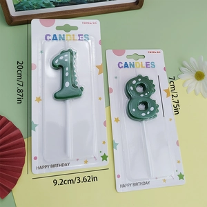Detailed view of number 1 and 8 dinosaur candles in professional retail blister packaging