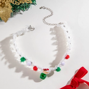 Christmas choker necklace with white lace, colorful pom-poms, and Santa Claus pendant