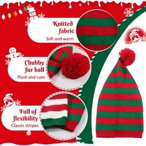 Red and green striped knitted Christmas beanie with soft plush pompom and elastic fit