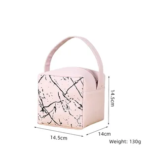 Detailed view of pink marble pattern PU leather makeup bag with 14.5cm size dimensions