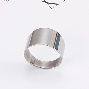 Minimalist wide band stainless steel ring with polished silver finish shown from a side view