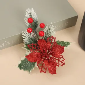 Artificial Christmas poinsettia flower with pine needles and red berries holiday decor