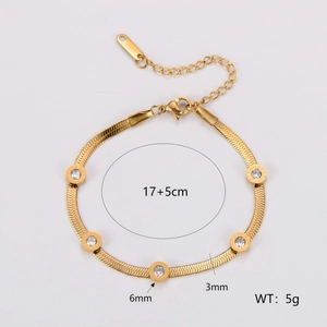 Gold stainless steel snake chain bracelet with roman numeral crystal charms and lobster clasp
