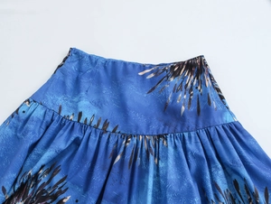 Detailed close-up of the pleated waistband and blue abstract print on a resort maxi skirt