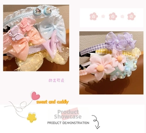 Detail of lace bow and 3D butterfly decorations on colorful princess headbands