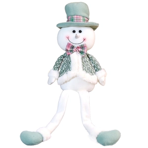 Green and white Christmas snowman plush doll with long hanging legs and a grid pattern hat