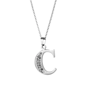 Collana in acciaio inossidabile argento con ciondolo lettera C e cristalli scintillanti