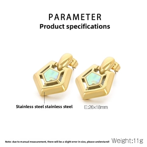 Detail view of square gold stainless steel earrings with iridescent shell inlay and dimensions