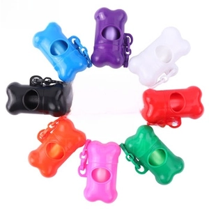 Bone-shaped pet waste bag dispensers in eight vibrant colors with portable hanging clips
