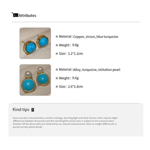 Detail view of retro earrings featuring faux pearls and turquoise stones with specifications