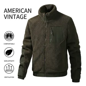 Olive green fleece jacket with stand collar and zipper chest pocket for men