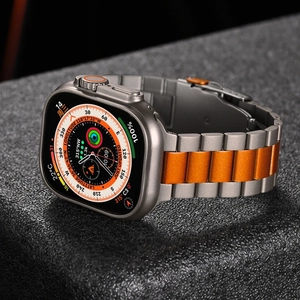 Macro side view of titanium alloy watch band with orange accents for smart watch
