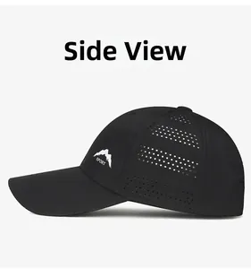Side view of black quick-dry sports cap with laser-cut vents and mountain logo print