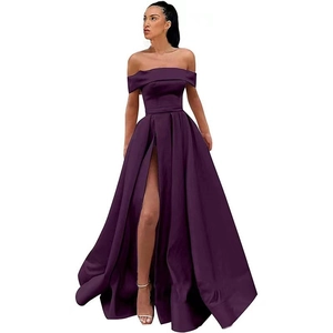Detail of elegant dark purple satin evening gown with off-shoulder neckline and high slit