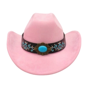 Detail of pink western cowboy hat featuring floral embroidery and turquoise stone buckle