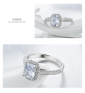 Detailed view of luxury S925 sterling silver ring with large emerald cut zircon stone
