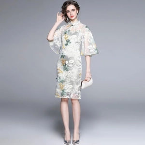 Elegant white mesh cheongsam dress with floral embroidery and flared sleeves