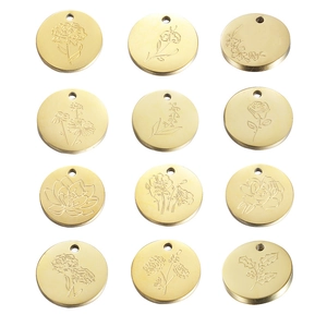 Stainless Steel Pendants With Birth Flower Engraved Mirror Polished Round Disk Charms For Birthday Gifts Jewelry Making