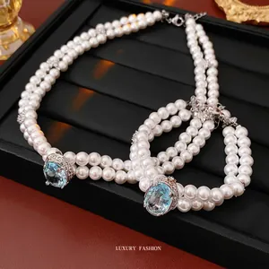 Bijoux Collier Et Bracelet Double Couche En Künstliche Perles D'imitation Style Palais Vintage Français Avec Zircon Bleu Pour Femmes