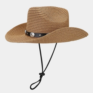 Wide brim straw cowboy hat with black leather band and adjustable chin strap