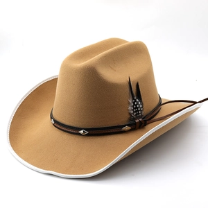 Detail of wool western cowboy hat featuring leather band, silver rivets, and feather accent