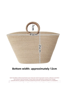 Detailed size chart of large cotton rope beach bag with 45cm width and round handles