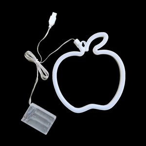 Detail showing apple shaped LED neon sign with USB and battery box for wall decoration