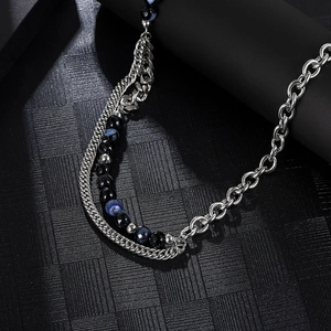 Double-layer titanium steel necklace with natural blue stones and chunky cuban links