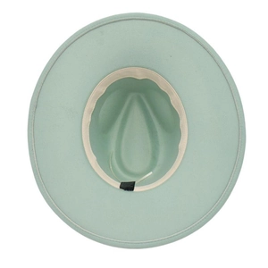 Detail view of mint green wool felt fedora interior with adjustable sweatband
