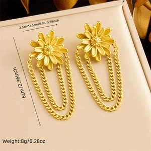 Macro shot of gold floral chain tassel earrings with size and weight specs in cm and oz