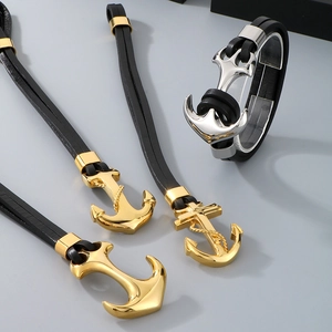 Mens punk leather anchor bracelet with vintage stainless steel charms in black and gold