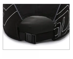 Detail of adjustable snapback buckle and breathable black mesh on baseball cap