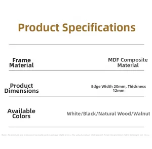 Detailed dimensions of MDF photo frame with 20mm width and 12mm thickness in four colors