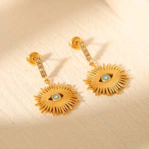 18k gold plated sunburst evil eye earrings with white rhinestones and blue enamel