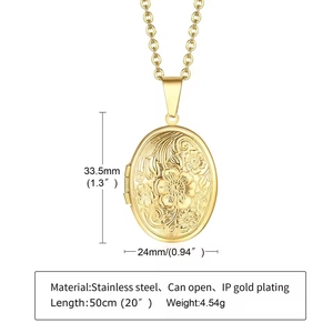 Vintage oval floral locket necklace in gold-plated stainless steel with relief design