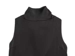 Detail of black high-neck sleeveless top showing silky fabric texture and collar stitching